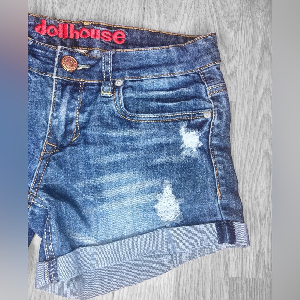 DOLLHOUSE Women’s Blue Distressed Denim Shorts - Picture 5 of 11
